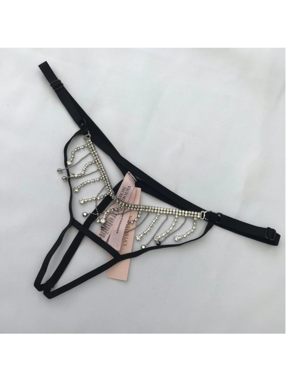 Victoria's Secret Very Sexy V-String Thong Panties XL Black Silver Rhinestone